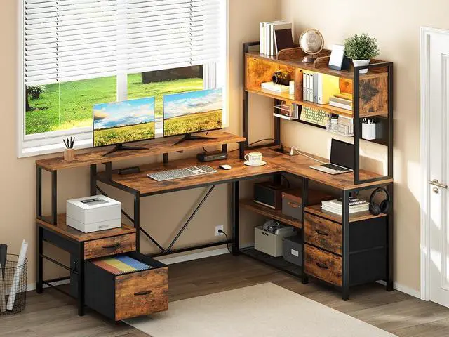 Alt view image 3 of 7 - 75" L Shaped Gaming Desk with Drawers, Computer Corner Desk with Storage Shelves for Home Office, Gaming Desk with Monitor Stand, Hutch, LED Light & Power Outlet, Rustic Brown and Black