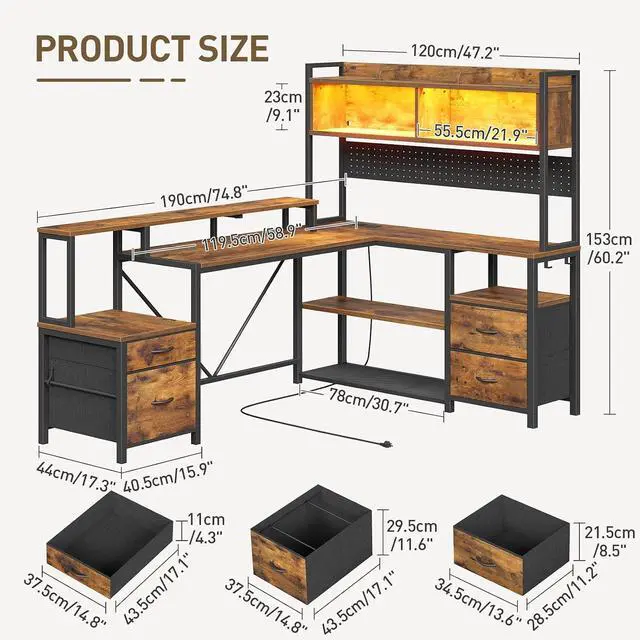 Alt view image 2 of 7 - 75" L Shaped Gaming Desk with Drawers, Computer Corner Desk with Storage Shelves for Home Office, Gaming Desk with Monitor Stand, Hutch, LED Light & Power Outlet, Rustic Brown and Black