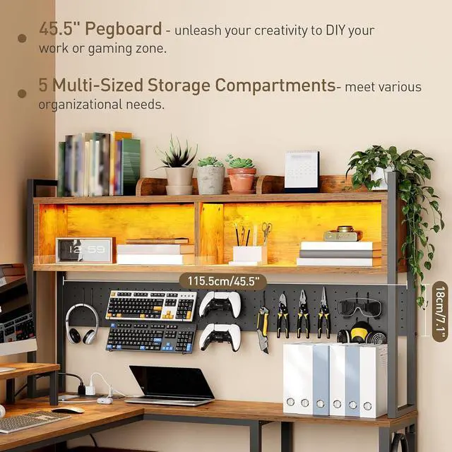 Alt view image 4 of 7 - 75" L Shaped Gaming Desk with Drawers, Computer Corner Desk with Storage Shelves for Home Office, Gaming Desk with Monitor Stand, Hutch, LED Light & Power Outlet, Rustic Brown and Black