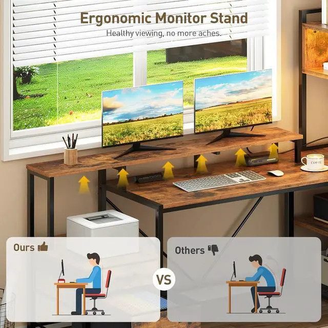 Alt view image 5 of 7 - 75" L Shaped Gaming Desk with Drawers, Computer Corner Desk with Storage Shelves for Home Office, Gaming Desk with Monitor Stand, Hutch, LED Light & Power Outlet, Rustic Brown and Black