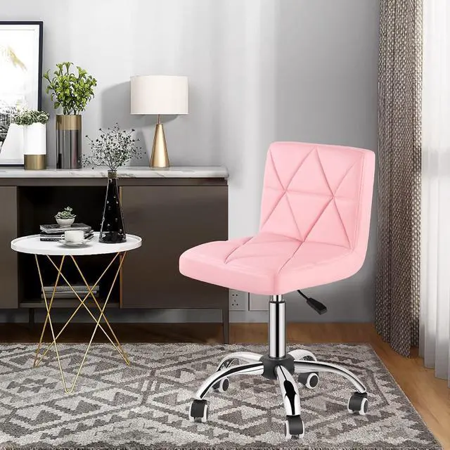 Alt view image 2 of 7 - Armless Desk Chair, Mid Back Swivel Office Chair, Adjustable Task Chair with Rolling Wheels and Diamond Pattern, for Home Computer Barber, Pink