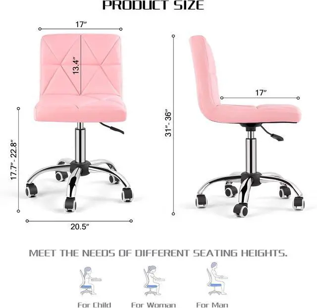 Alt view image 3 of 7 - Armless Desk Chair, Mid Back Swivel Office Chair, Adjustable Task Chair with Rolling Wheels and Diamond Pattern, for Home Computer Barber, Pink