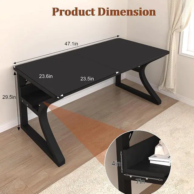 Alt view image 2 of 7 - Computer Desk 47 Inch Large Computer Desk with Storage Shelf Home Office Desk with C Shaped Metal Frame Writing Work Study Student Home Bedroom Office (Black, 47inch)