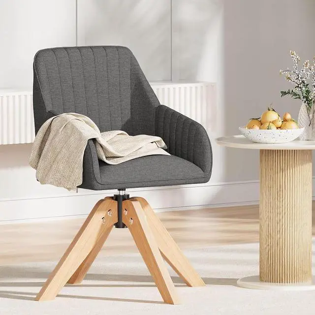 Main image of Mid Century Modern Accent Chair, 36.8 Inch Upholstered Swivel Chair for Living Room with Arms Home Office Desk Chair for Bedroom Wood Legs Computer Task Chair No Wheels, Darkgrey