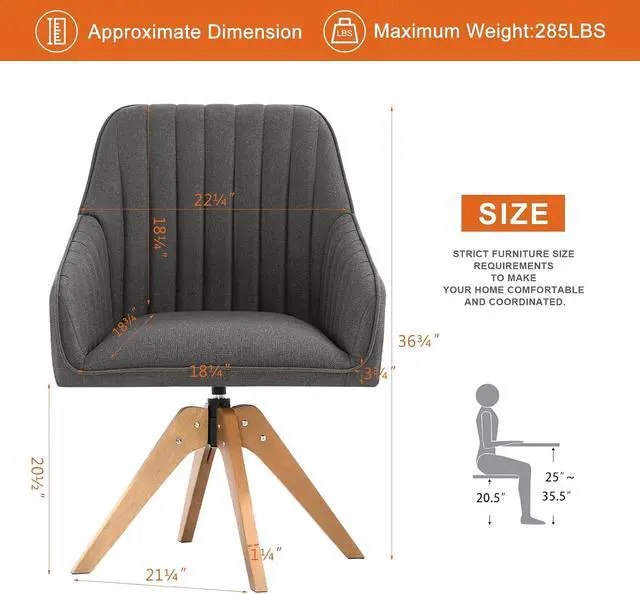 Alt view image 2 of 7 - Mid Century Modern Accent Chair, 36.8 Inch Upholstered Swivel Chair for Living Room with Arms Home Office Desk Chair for Bedroom Wood Legs Computer Task Chair No Wheels, Darkgrey