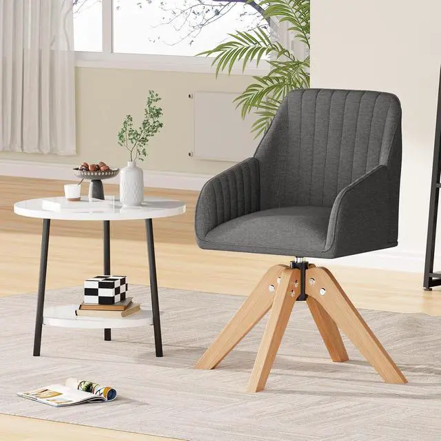 Alt view image 3 of 7 - Mid Century Modern Accent Chair, 36.8 Inch Upholstered Swivel Chair for Living Room with Arms Home Office Desk Chair for Bedroom Wood Legs Computer Task Chair No Wheels, Darkgrey