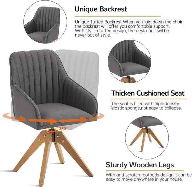 Alt view image 4 of 7 - Mid Century Modern Accent Chair, 36.8 Inch Upholstered Swivel Chair for Living Room with Arms Home Office Desk Chair for Bedroom Wood Legs Computer Task Chair No Wheels, Darkgrey