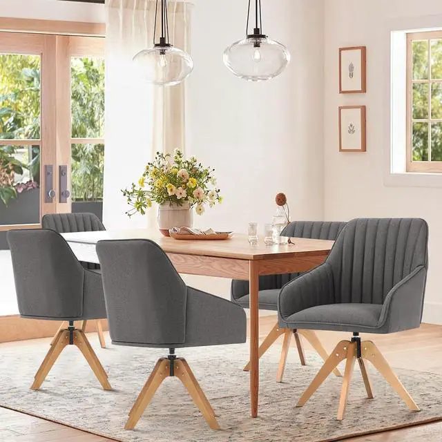 Alt view image 5 of 7 - Mid Century Modern Accent Chair, 36.8 Inch Upholstered Swivel Chair for Living Room with Arms Home Office Desk Chair for Bedroom Wood Legs Computer Task Chair No Wheels, Darkgrey