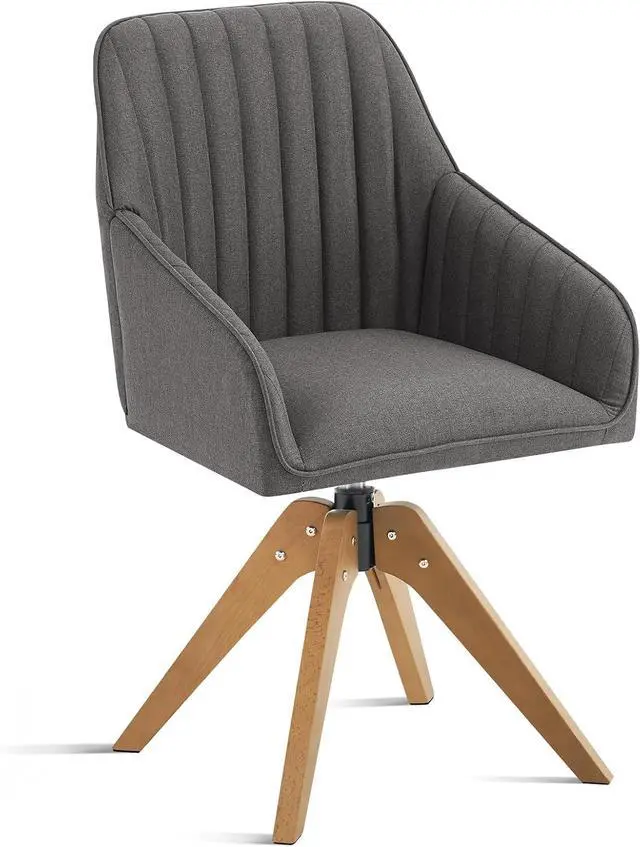 Alt view image 6 of 7 - Mid Century Modern Accent Chair, 36.8 Inch Upholstered Swivel Chair for Living Room with Arms Home Office Desk Chair for Bedroom Wood Legs Computer Task Chair No Wheels, Darkgrey