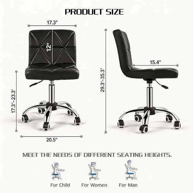 Alt view image 3 of 7 - Armless Desk Chair, Mid Back 360 Degree Swivel Office Chair, Height Adjustable Executive Conference Task Chair with Rolling Wheels and Diamond Pattern, for Home Computer Barber, Black