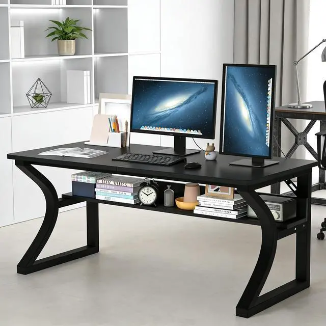 Main image of Computer Desk 55 Inch Large Computer Desk with Storage Shelf Home Office Desk with C Shaped Metal Frame Writing Work Study Student Home Bedroom Office (Black, 55inch)