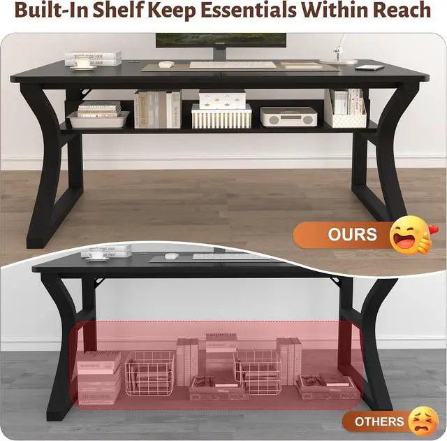 Alt view image 4 of 7 - Computer Desk 55 Inch Large Computer Desk with Storage Shelf Home Office Desk with C Shaped Metal Frame Writing Work Study Student Home Bedroom Office (Black, 55inch)