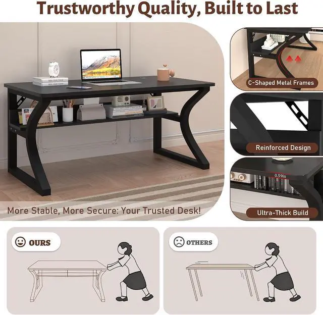 Alt view image 5 of 7 - Computer Desk 55 Inch Large Computer Desk with Storage Shelf Home Office Desk with C Shaped Metal Frame Writing Work Study Student Home Bedroom Office (Black, 55inch)