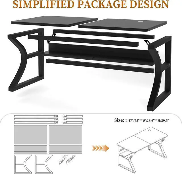 Alt view image 7 of 7 - Computer Desk 55 Inch Large Computer Desk with Storage Shelf Home Office Desk with C Shaped Metal Frame Writing Work Study Student Home Bedroom Office (Black, 55inch)