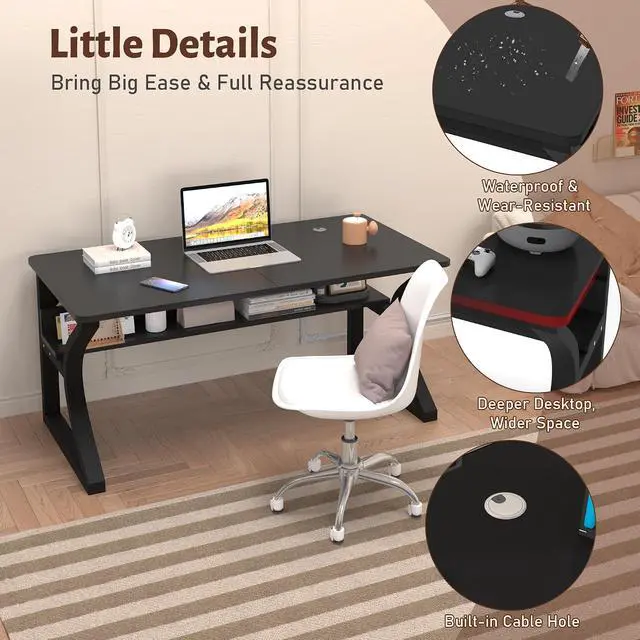 Alt view image 6 of 7 - Computer Desk 55 Inch Large Computer Desk with Storage Shelf Home Office Desk with C Shaped Metal Frame Writing Work Study Student Home Bedroom Office (Black, 55inch)
