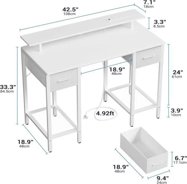 Alt view image 2 of 13 - White Computer Desk with Drawers, 42 Inch Home Office Desk Study Writing Table, Gaming Desk with USB Power Outlets, Office Desk with Fabric Drawer, Work Table with Shelf for Bedroom, White
