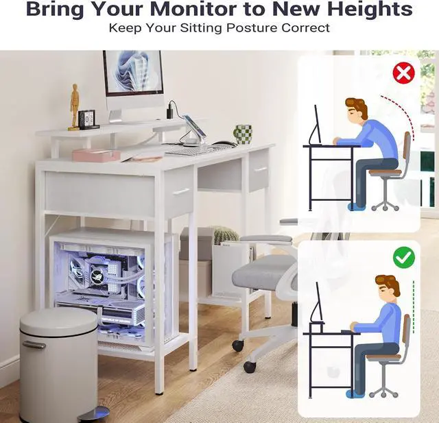 Alt view image 3 of 13 - White Computer Desk with Drawers, 42 Inch Home Office Desk Study Writing Table, Gaming Desk with USB Power Outlets, Office Desk with Fabric Drawer, Work Table with Shelf for Bedroom, White
