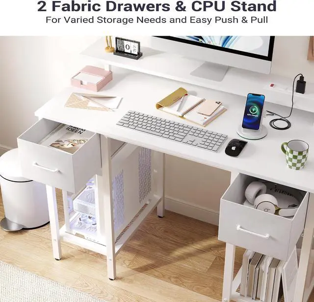 Alt view image 4 of 13 - White Computer Desk with Drawers, 42 Inch Home Office Desk Study Writing Table, Gaming Desk with USB Power Outlets, Office Desk with Fabric Drawer, Work Table with Shelf for Bedroom, White