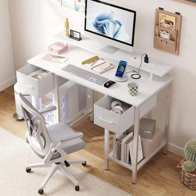 Alt view image 6 of 13 - White Computer Desk with Drawers, 42 Inch Home Office Desk Study Writing Table, Gaming Desk with USB Power Outlets, Office Desk with Fabric Drawer, Work Table with Shelf for Bedroom, White