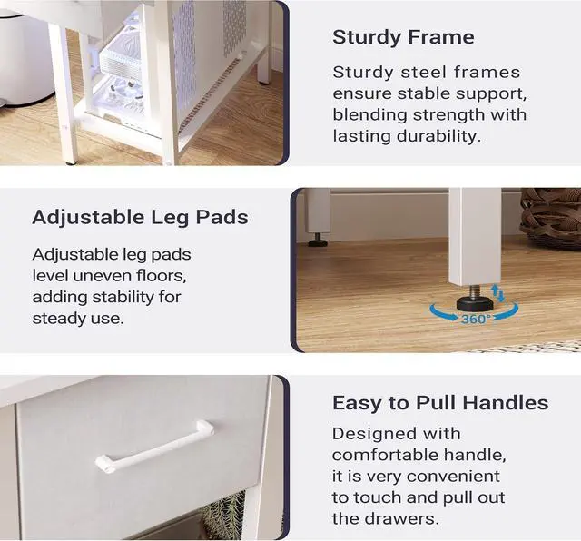 Alt view image 7 of 13 - White Computer Desk with Drawers, 42 Inch Home Office Desk Study Writing Table, Gaming Desk with USB Power Outlets, Office Desk with Fabric Drawer, Work Table with Shelf for Bedroom, White