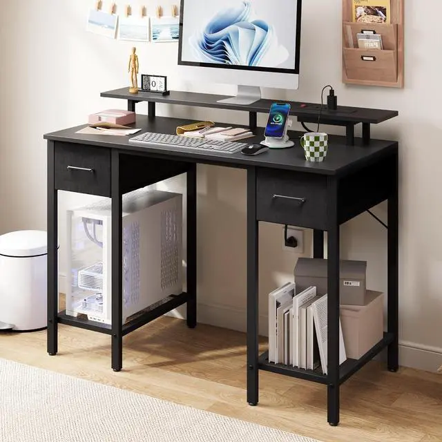 Main image of Black Computer Desk with Drawers, 42 Inch Home Office Desk Study Writing Table, Gaming Desk with USB Power Outlets, Office Desk with Fabric Drawer, Work Table with Shelf for Bedroom, Black