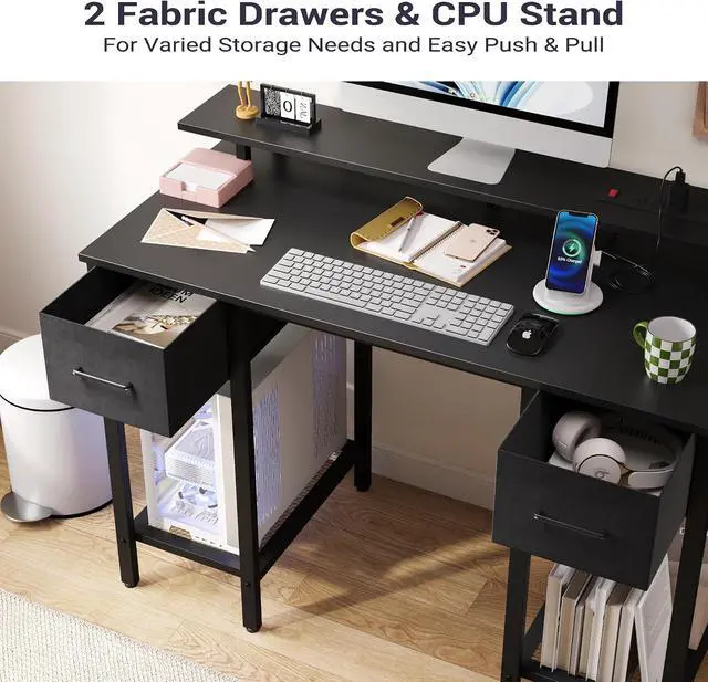 Alt view image 3 of 8 - Black Computer Desk with Drawers, 42 Inch Home Office Desk Study Writing Table, Gaming Desk with USB Power Outlets, Office Desk with Fabric Drawer, Work Table with Shelf for Bedroom, Black
