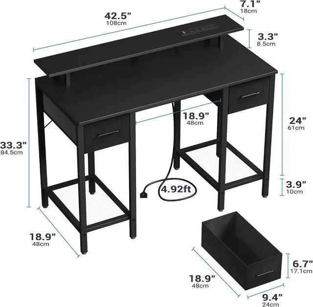 Alt view image 2 of 8 - Black Computer Desk with Drawers, 42 Inch Home Office Desk Study Writing Table, Gaming Desk with USB Power Outlets, Office Desk with Fabric Drawer, Work Table with Shelf for Bedroom, Black