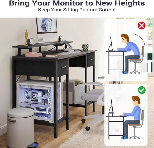 Alt view image 4 of 8 - Black Computer Desk with Drawers, 42 Inch Home Office Desk Study Writing Table, Gaming Desk with USB Power Outlets, Office Desk with Fabric Drawer, Work Table with Shelf for Bedroom, Black