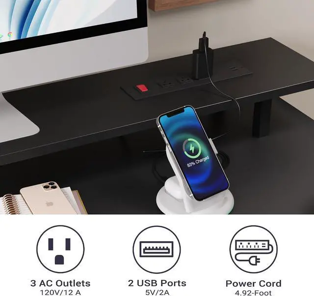 Alt view image 5 of 8 - Black Computer Desk with Drawers, 42 Inch Home Office Desk Study Writing Table, Gaming Desk with USB Power Outlets, Office Desk with Fabric Drawer, Work Table with Shelf for Bedroom, Black