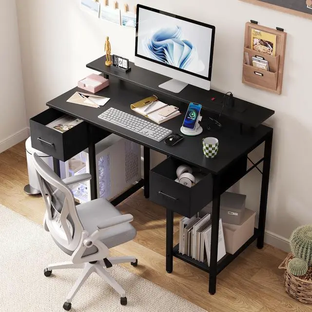 Alt view image 6 of 8 - Black Computer Desk with Drawers, 42 Inch Home Office Desk Study Writing Table, Gaming Desk with USB Power Outlets, Office Desk with Fabric Drawer, Work Table with Shelf for Bedroom, Black