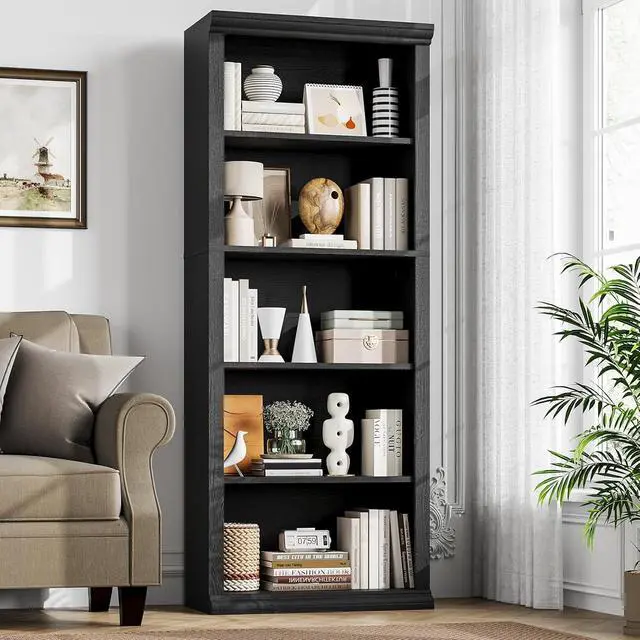 Alt view image 2 of 7 - Bookshelf and Bookcase 24" Wide, 5 Tier Tall Modern Bookcase with Storage Shelves, Sturdy Open Display Shelf for Living Room, Bedroom, Home Office, Dining Room Decor, Black