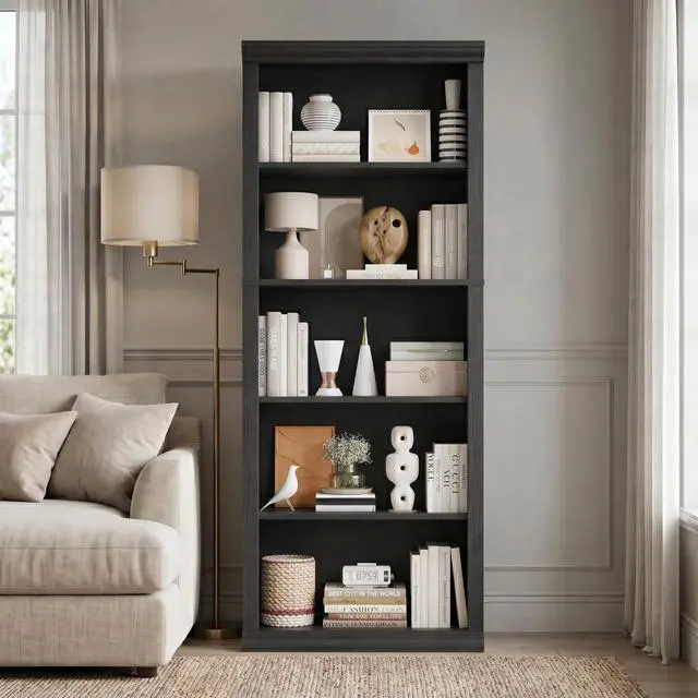 Alt view image 4 of 7 - Bookshelf and Bookcase 24" Wide, 5 Tier Tall Modern Bookcase with Storage Shelves, Sturdy Open Display Shelf for Living Room, Bedroom, Home Office, Dining Room Decor, Black