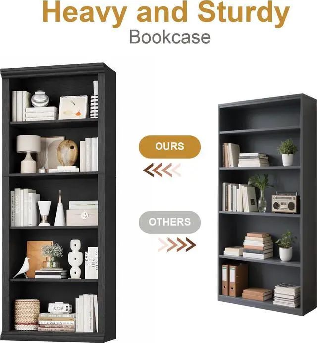Alt view image 7 of 7 - Bookshelf and Bookcase 24" Wide, 5 Tier Tall Modern Bookcase with Storage Shelves, Sturdy Open Display Shelf for Living Room, Bedroom, Home Office, Dining Room Decor, Black