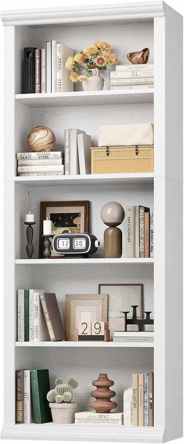 Main image of Bookshelf and Bookcase 24" Wide, 5 Tier Tall Modern Bookcase with Storage Shelves, Sturdy Open Display Shelf for Living Room, Bedroom, Home Office, Dining Room Decor, White