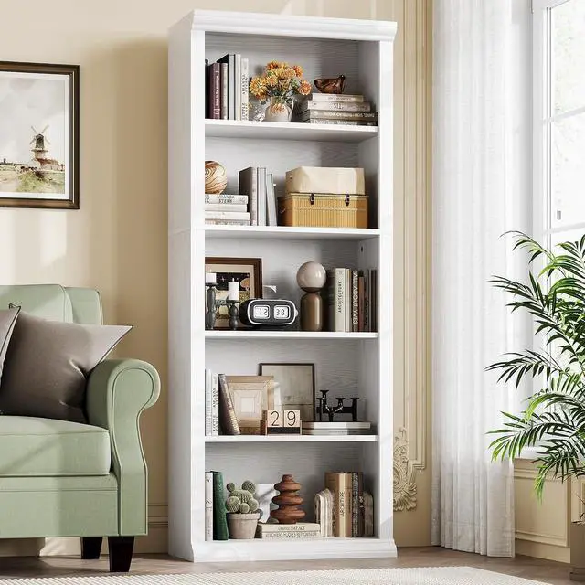 Alt view image 2 of 7 - Bookshelf and Bookcase 24" Wide, 5 Tier Tall Modern Bookcase with Storage Shelves, Sturdy Open Display Shelf for Living Room, Bedroom, Home Office, Dining Room Decor, White