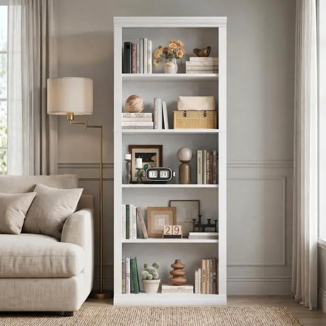 Alt view image 4 of 7 - Bookshelf and Bookcase 24" Wide, 5 Tier Tall Modern Bookcase with Storage Shelves, Sturdy Open Display Shelf for Living Room, Bedroom, Home Office, Dining Room Decor, White