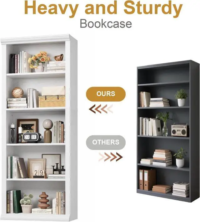 Alt view image 7 of 7 - Bookshelf and Bookcase 24" Wide, 5 Tier Tall Modern Bookcase with Storage Shelves, Sturdy Open Display Shelf for Living Room, Bedroom, Home Office, Dining Room Decor, White