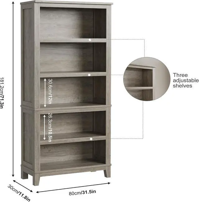 Alt view image 2 of 7 - 71" Farmhouse Bookshelf w/Adjustable Shelves & 31.5 in Whidth, 5 Tier Tall Bookshelf with Wooden Legs, Vintage Wooedn Book Shelf for Living Room Office (Gray, 71.3" H x 31.5" W x 11.8" D)