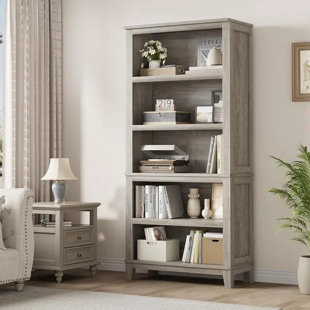 Alt view image 3 of 7 - 71" Farmhouse Bookshelf w/Adjustable Shelves & 31.5 in Whidth, 5 Tier Tall Bookshelf with Wooden Legs, Vintage Wooedn Book Shelf for Living Room Office (Gray, 71.3" H x 31.5" W x 11.8" D)