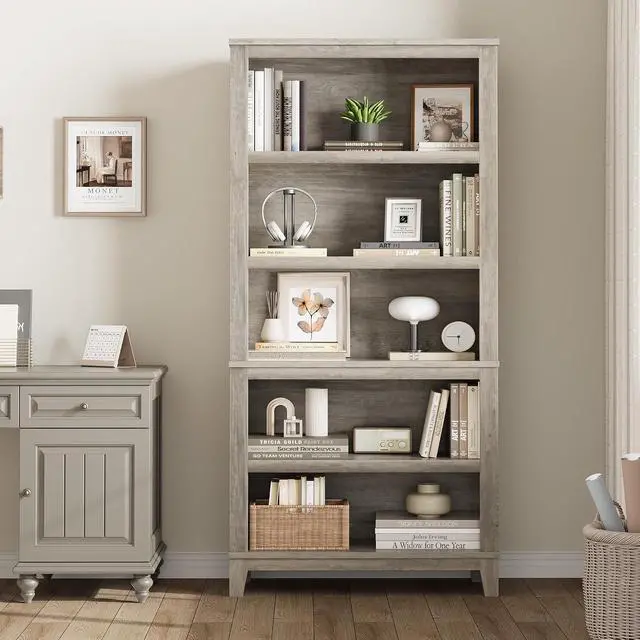 Alt view image 7 of 7 - 71" Farmhouse Bookshelf w/Adjustable Shelves & 31.5 in Whidth, 5 Tier Tall Bookshelf with Wooden Legs, Vintage Wooedn Book Shelf for Living Room Office (Gray, 71.3" H x 31.5" W x 11.8" D)