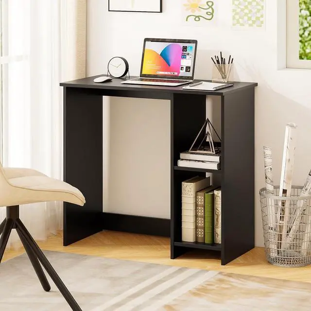 Alt view image 3 of 7 - Small Desk with Shelves, Compact Desk for Small Space, Study Writing Table with 2 Tier Shelves, Modern Simple Style Laptop PC Table (Black)