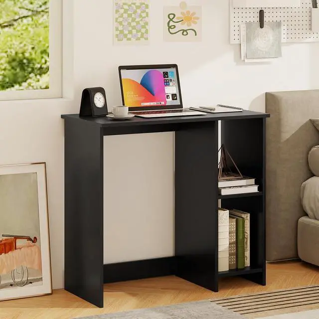 Alt view image 4 of 7 - Small Desk with Shelves, Compact Desk for Small Space, Study Writing Table with 2 Tier Shelves, Modern Simple Style Laptop PC Table (Black)