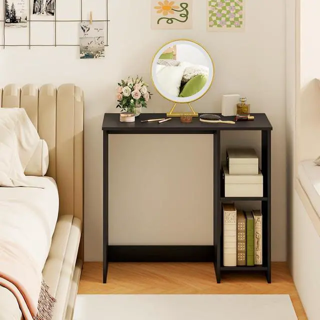 Alt view image 5 of 7 - Small Desk with Shelves, Compact Desk for Small Space, Study Writing Table with 2 Tier Shelves, Modern Simple Style Laptop PC Table (Black)