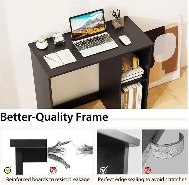 Alt view image 6 of 7 - Small Desk with Shelves, Compact Desk for Small Space, Study Writing Table with 2 Tier Shelves, Modern Simple Style Laptop PC Table (Black)