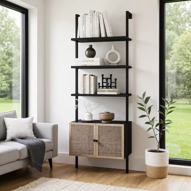Main image of Rattan Bookcase, 6 Tier Ladder Bookshelf with Rattan Cabinet, Wall Mount Tall Bookshelves and Bookcases with Metal Storage Shelves Display for Living Room Bedroom Home Office, Black