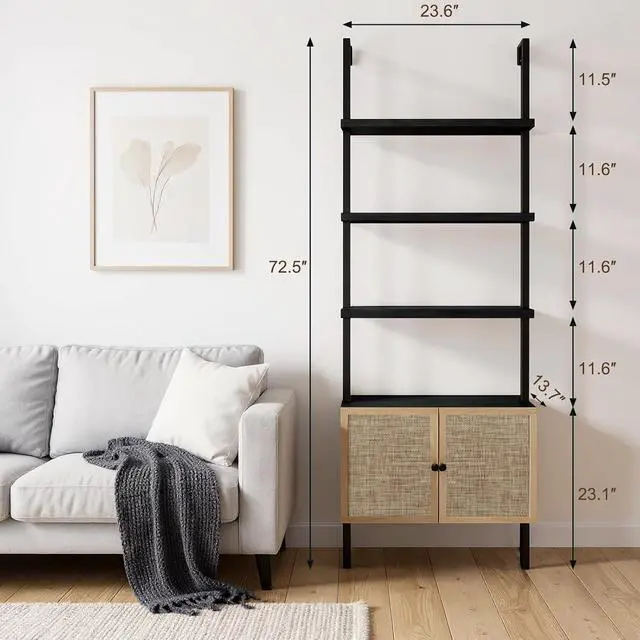 Alt view image 2 of 7 - Rattan Bookcase, 6 Tier Ladder Bookshelf with Rattan Cabinet, Wall Mount Tall Bookshelves and Bookcases with Metal Storage Shelves Display for Living Room Bedroom Home Office, Black