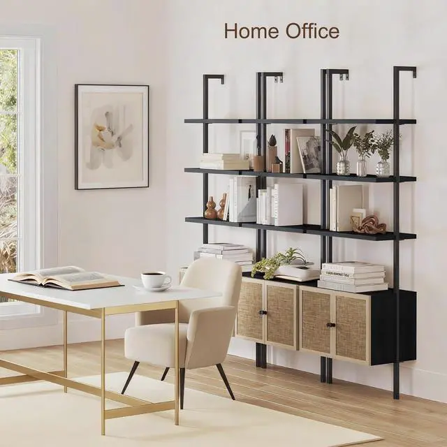 Alt view image 4 of 7 - Rattan Bookcase, 6 Tier Ladder Bookshelf with Rattan Cabinet, Wall Mount Tall Bookshelves and Bookcases with Metal Storage Shelves Display for Living Room Bedroom Home Office, Black