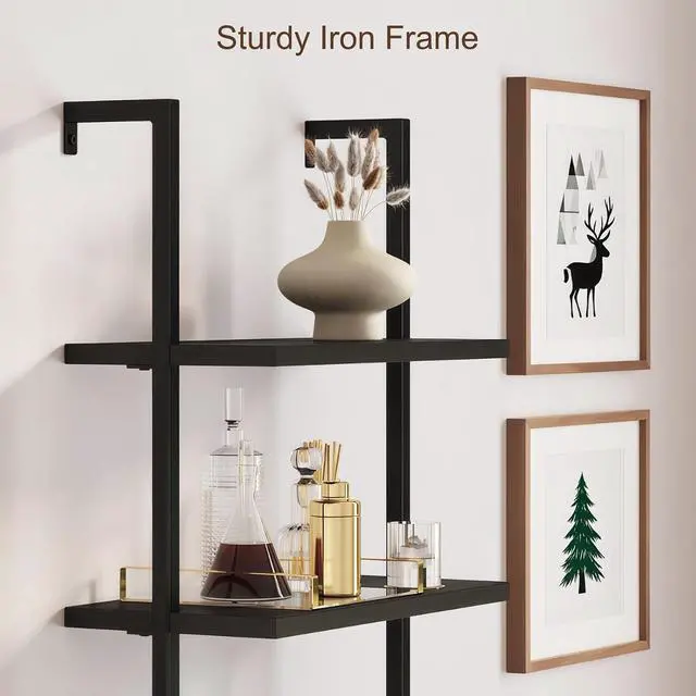 Alt view image 5 of 7 - Rattan Bookcase, 6 Tier Ladder Bookshelf with Rattan Cabinet, Wall Mount Tall Bookshelves and Bookcases with Metal Storage Shelves Display for Living Room Bedroom Home Office, Black