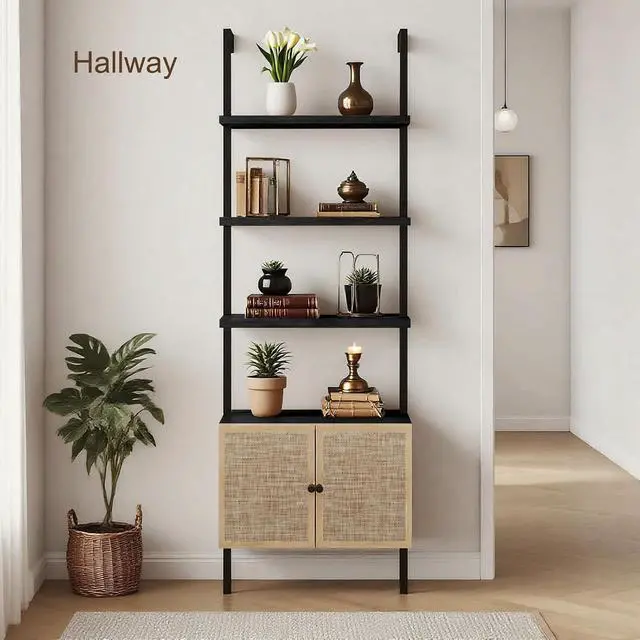 Alt view image 6 of 7 - Rattan Bookcase, 6 Tier Ladder Bookshelf with Rattan Cabinet, Wall Mount Tall Bookshelves and Bookcases with Metal Storage Shelves Display for Living Room Bedroom Home Office, Black