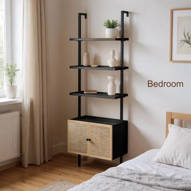 Alt view image 7 of 7 - Rattan Bookcase, 6 Tier Ladder Bookshelf with Rattan Cabinet, Wall Mount Tall Bookshelves and Bookcases with Metal Storage Shelves Display for Living Room Bedroom Home Office, Black